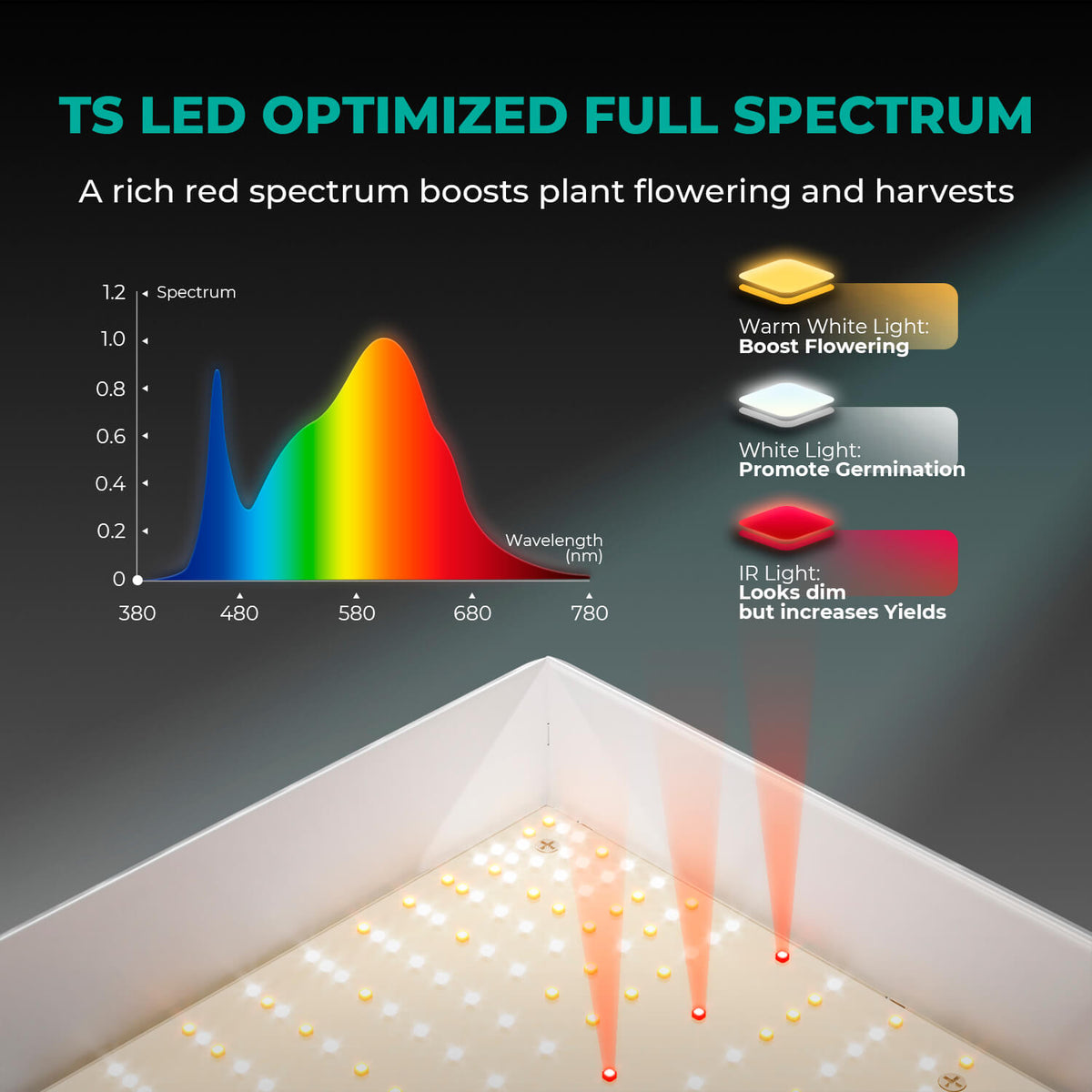 Mars Hydro TS600 – Lichtspektrum 3000K + 5000K + 660nm Tiefrot + 730nm IR