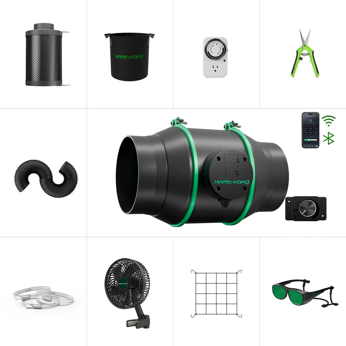 Mars Hydro Abluftset 683 m³/h iFresh Komplett-Kit – Lüfter, Filter, Clip-Ventilator und Grow-Zubehör