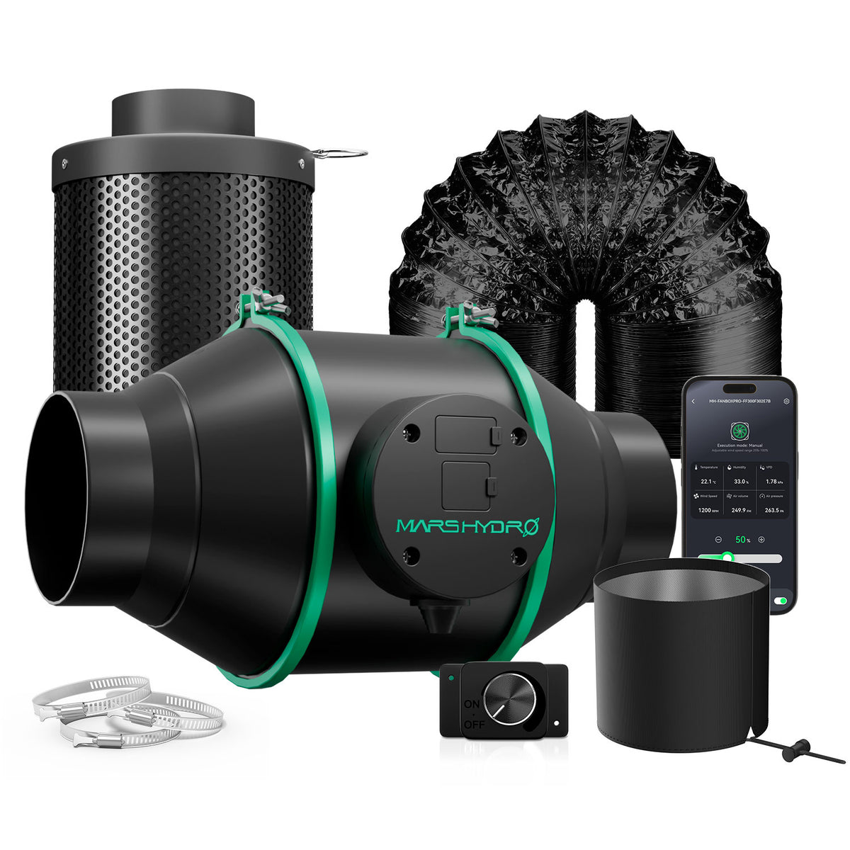 Mars Hydro Abluftset 348 m³/h iFresh – Rohrventilator 100 mm, nachfüllbarer Aktivkohlefilter und Schlauch im Set