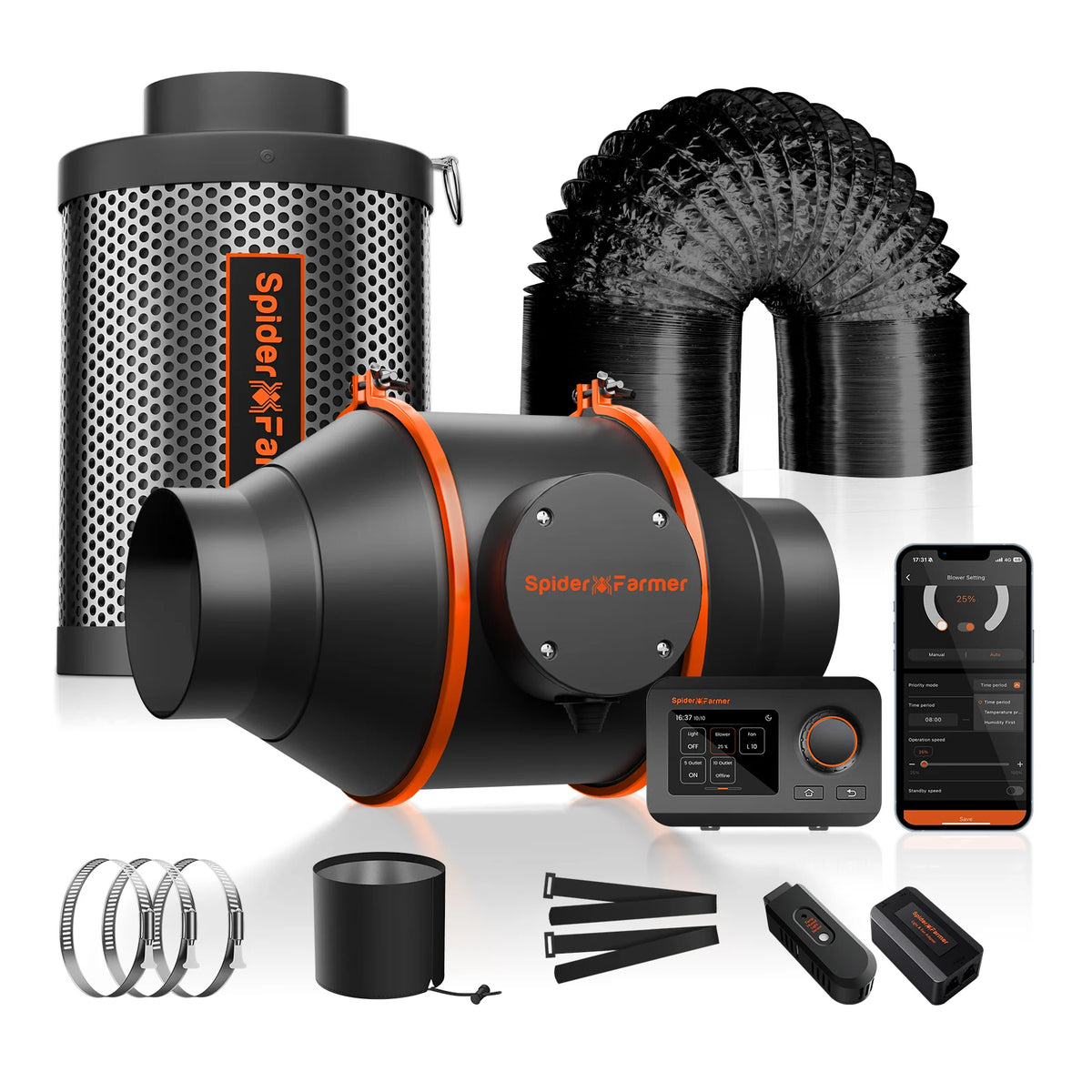 Spider Farmer Abluftset 348 m³/h mit GGS Controller – Rohrventilator, Aktivkohlefilter, Schlauch und Controller im Set