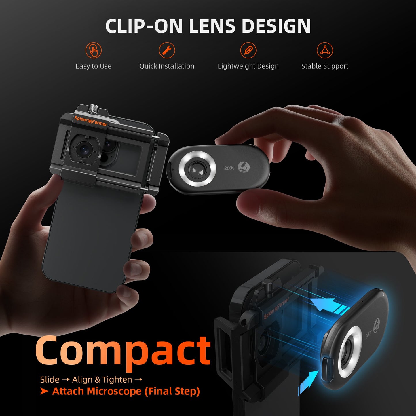 Spider Farmer 200× Phone Microscope (LED + UV + CPL)