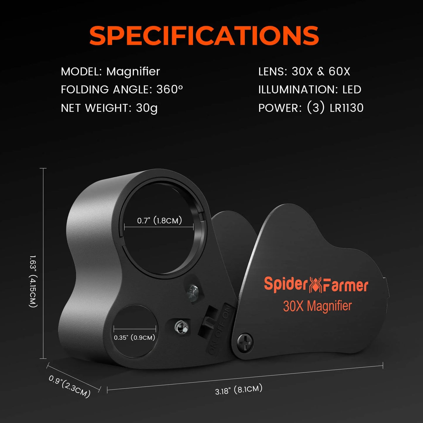 Spider Farmer® 30X-60X Jewelers Loop Magnifier mit LED Licht - Trichomen Lupe