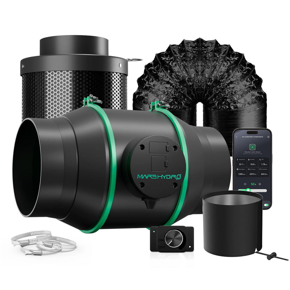 Mars Hydro Abluftset 683 m³/h iFresh – Rohrventilator 150 mm, nachfüllbarer Aktivkohlefilter und Schlauch im Set