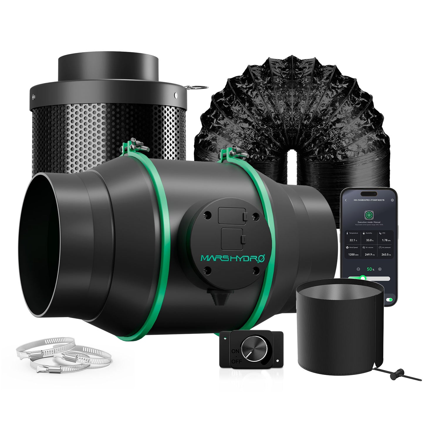 Mars Hydro iFresh 6-Zoll Smart Inline Rohrventilator und Aktivkohlefilter