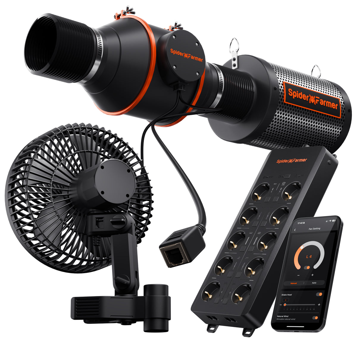 Spider Farmer GGS AC10 Steckdosenleiste mit Clip-Ventilator 15 cm – Leiste, Sensor und Clip-Fan im Set