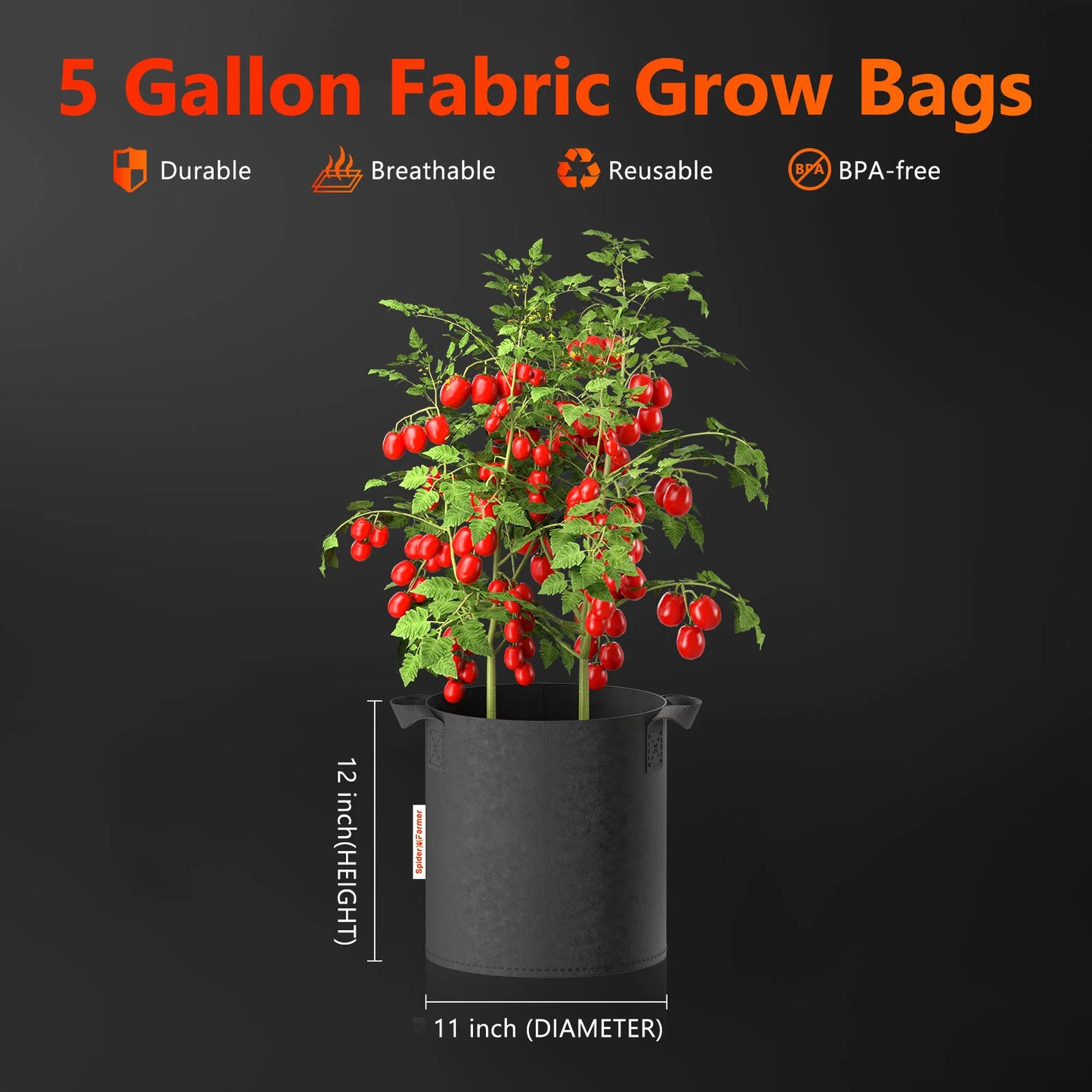 Spider Farmer 5 Gallon (19 Liter) Planting Grow Bag 5 Packs -Stofftöpfe