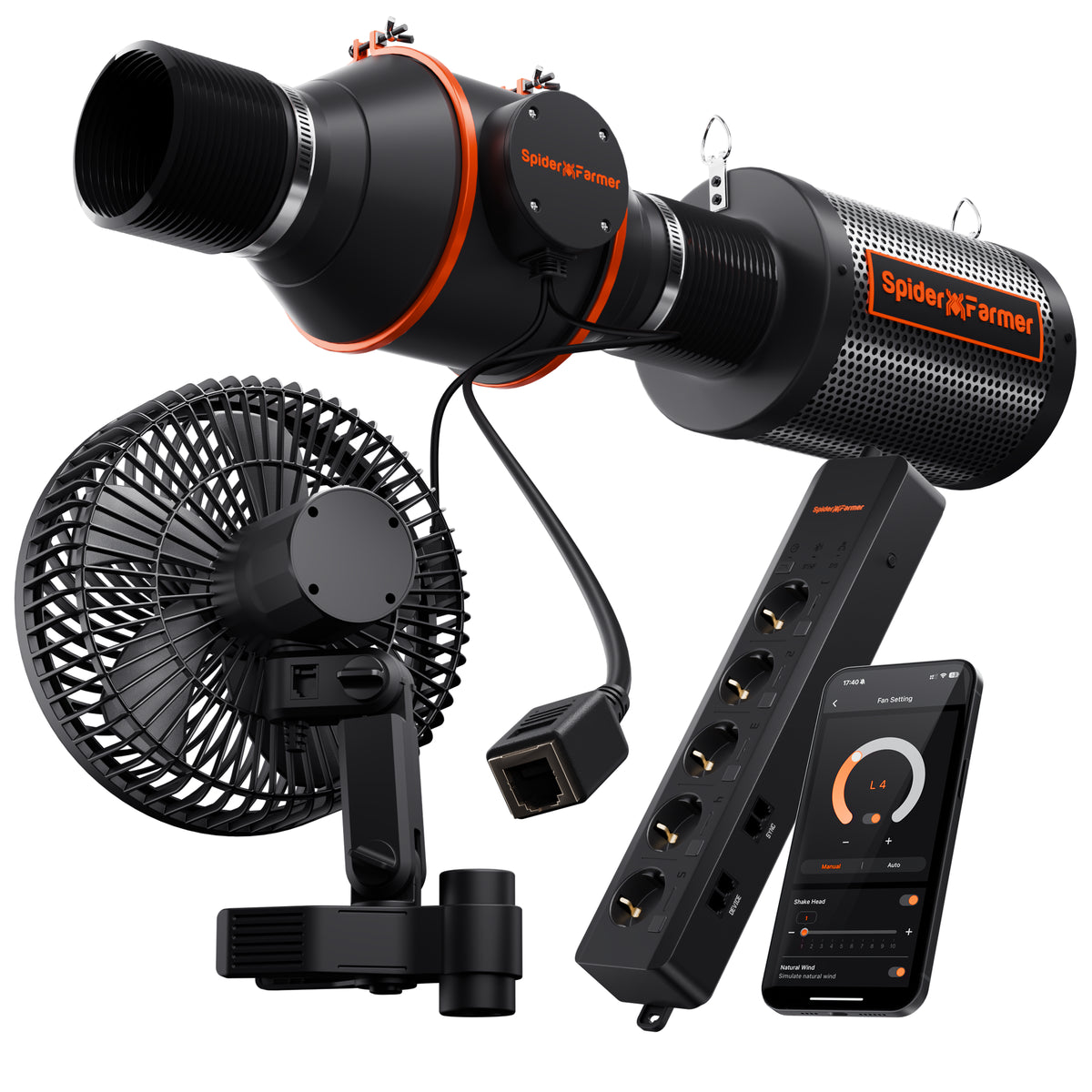 Spider Farmer GGS AC5 Steckdosenleiste mit Clip-Ventilator 15 cm – Leiste, Sensor und Clip-Fan im Set
