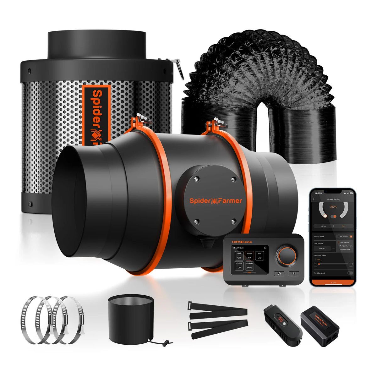Spider Farmer Abluftset 683 m³/h mit GGS Controller – Rohrventilator 150 mm, Aktivkohlefilter, Schlauch und Controller im Set