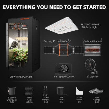 2025 Spider Farmer® 60x60x140cm Complete Grow Tent Kit丨SF1000D Full Spectrum