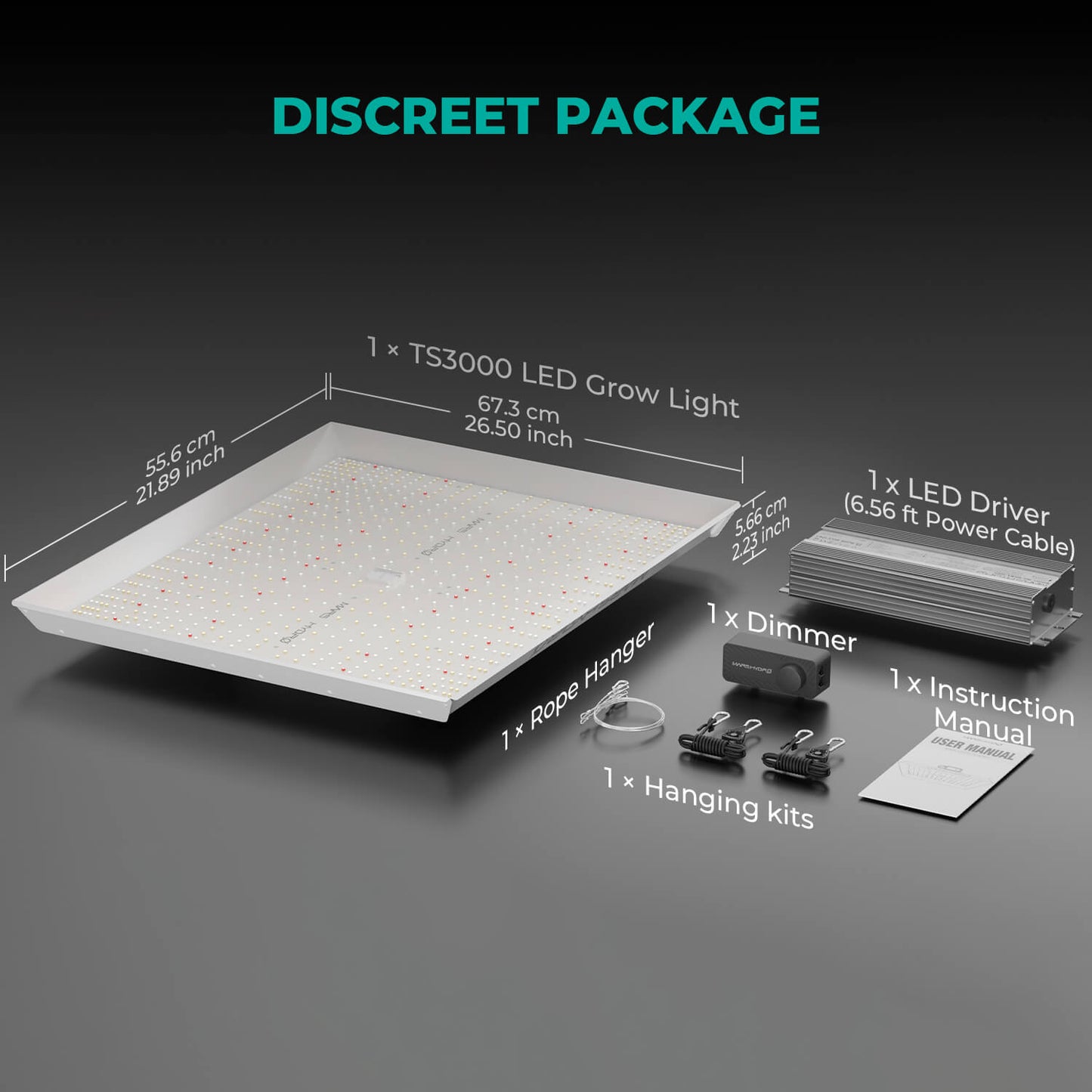 Mars Hydro TS 3000 Lieferumfang mit Lampe, Treiber, Dimmbox, Netzkabel und Aufhängung