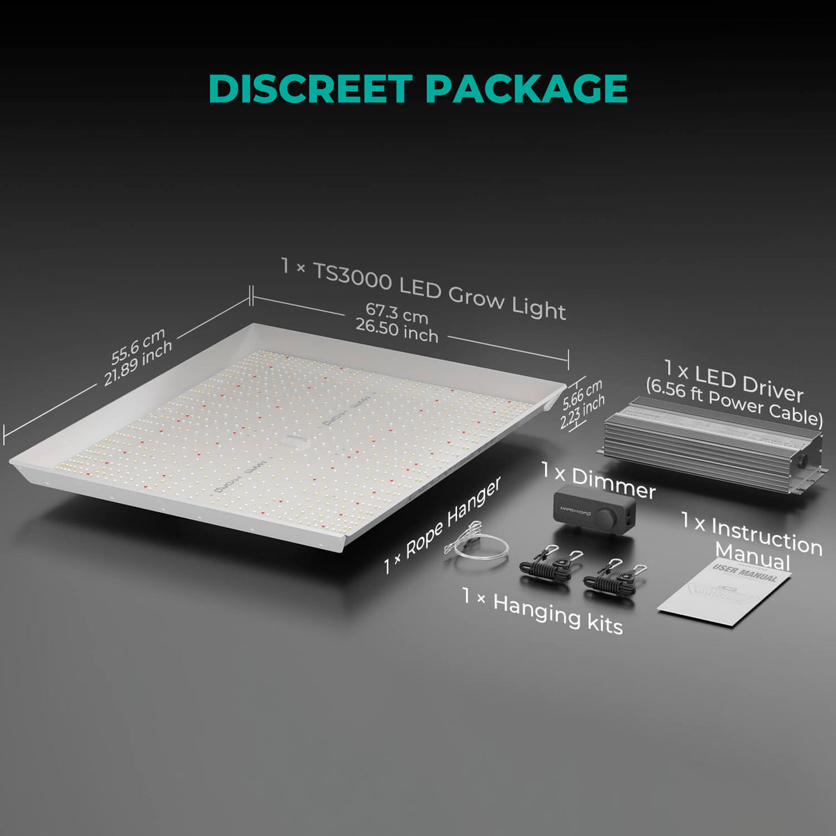 Mars Hydro TS 3000 Lieferumfang mit Lampe, Treiber, Dimmbox, Netzkabel und Aufhängung
